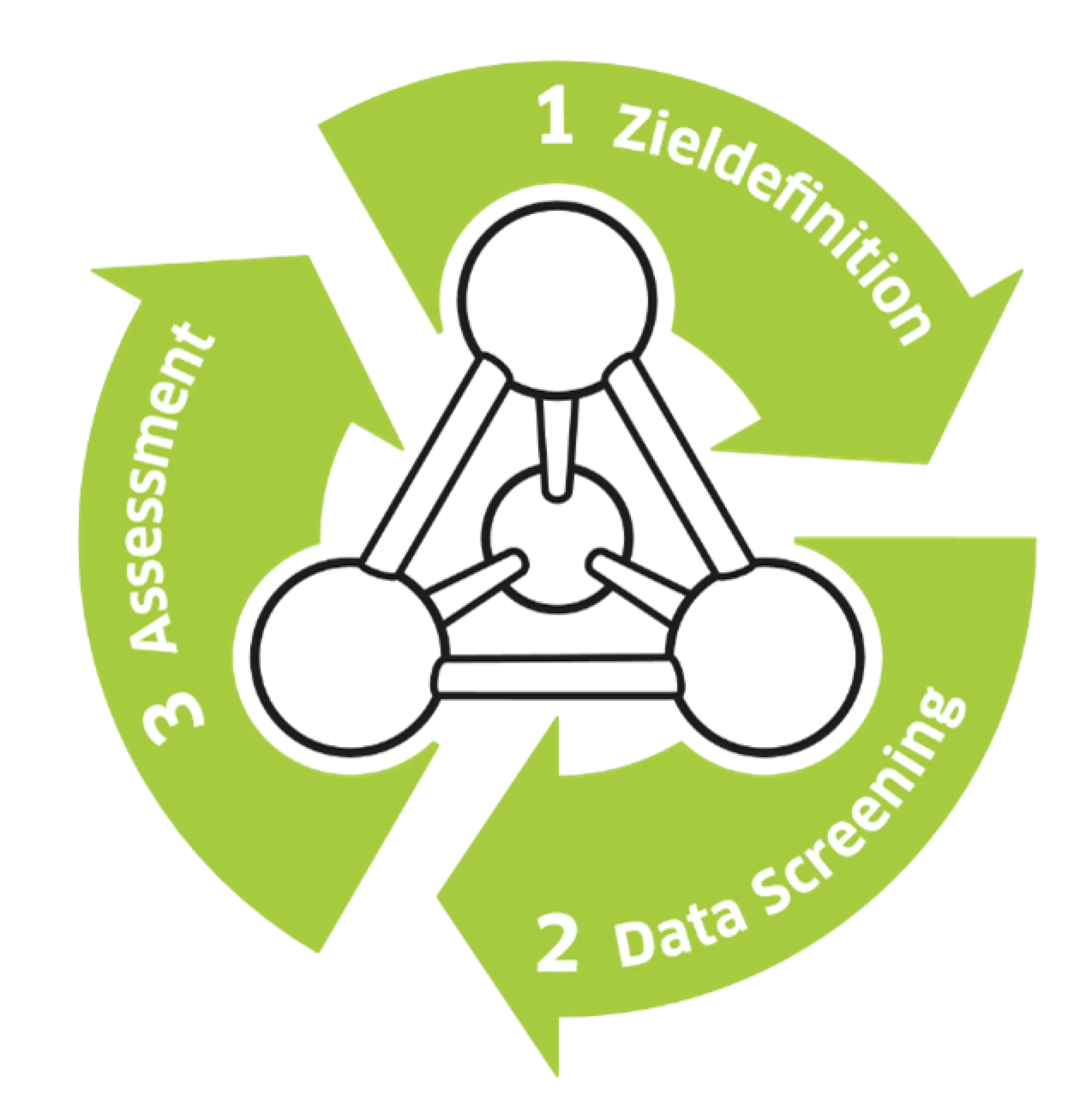 3 Bestandteile des DSF-Prozesses (Zieldefinition, Data Screening, Assessment) dargestellt in einem Kreislauf.