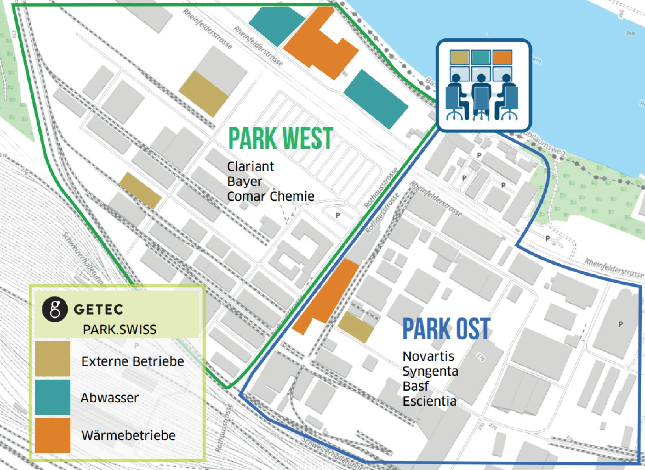 Landkarte des Getec Parks Swiss in Muttenz mit Firmen den Firmen Clariant, Bayer, Comar Chemie, Novartis, Syngenta, Basf und Escientia.