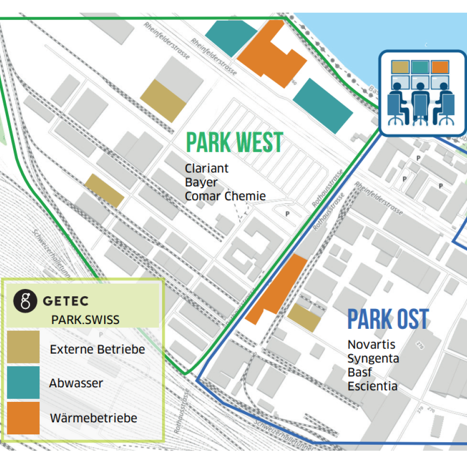 Landkarte des Getec Parks Swiss in Muttenz mit Firmen den Firmen Clariant, Bayer, Comar Chemie, Novartis, Syngenta, Basf und Escientia