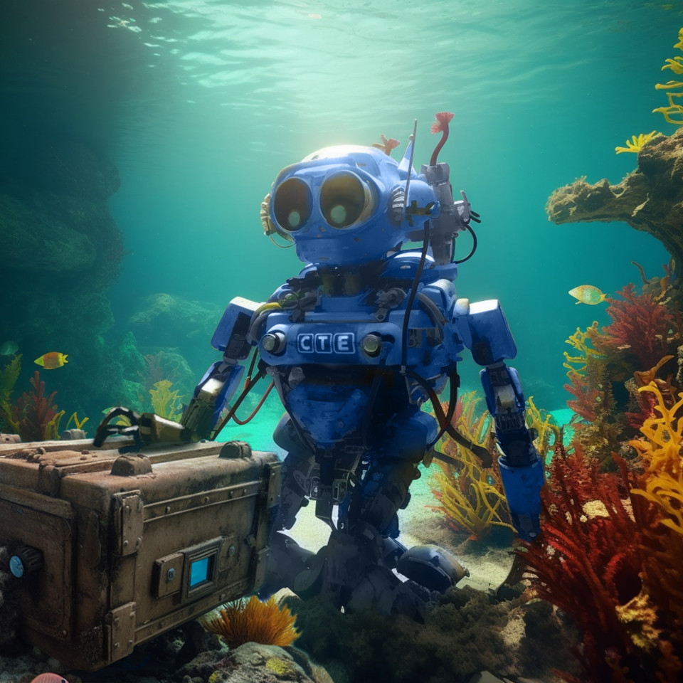 Roboter unter Wasser als Sinnbild für die suche nach dem Schatz auf dem Meeresgrund. Bild generiert mit künstlicher Intelligenz (Midjourney)