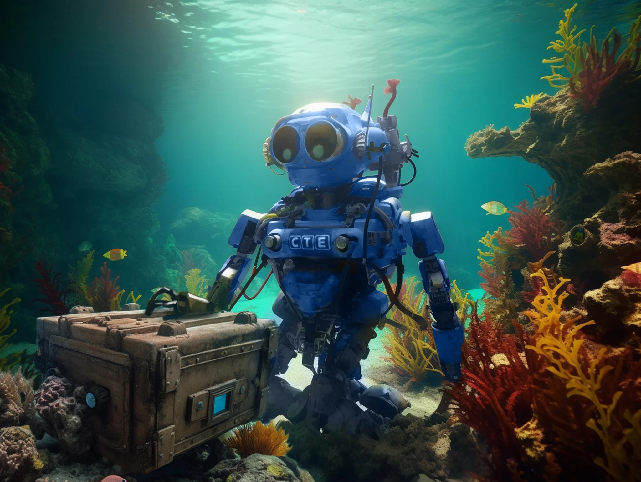 Roboter unter Wasser als Sinnbild f&uuml;r die suche nach dem Schatz auf dem Meeresgrund. Bild generiert mit k&uuml;nstlicher Intelligenz (Midjourney).