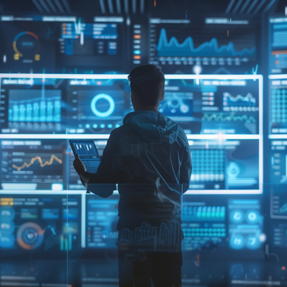 Produktionsmitarbeiter bedient an Bildschirmen Dashboards mit Reportings, Batchreports und Herstellungsprotokollen.
