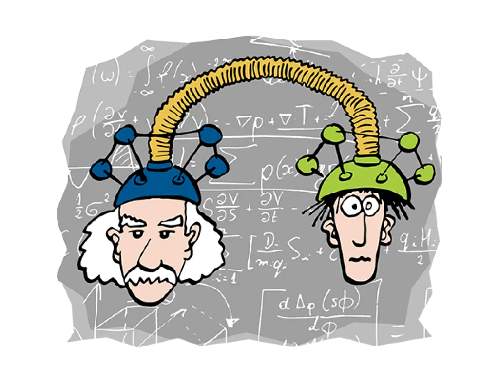 Grafik 2 K&ouml;pfe, die durch 2 Helme und einen Schlauch verbunden sind.
