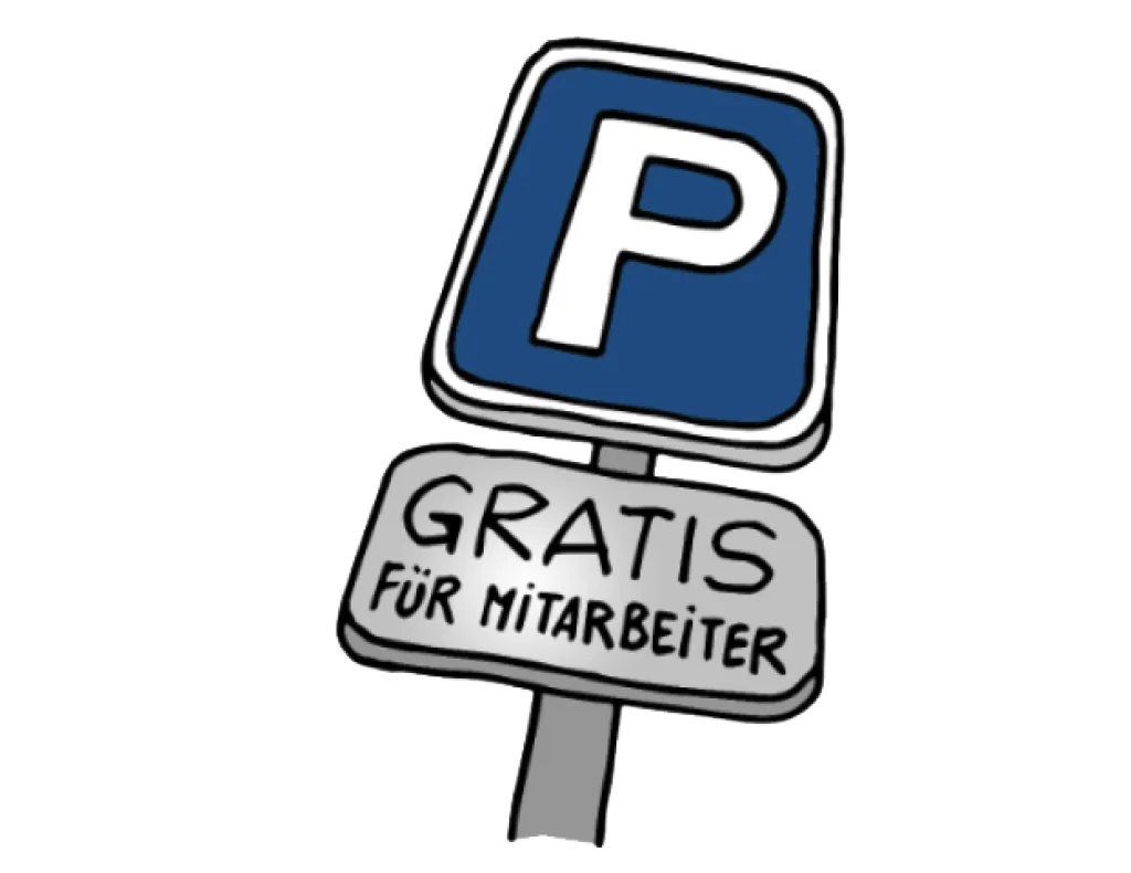 Grafik Parkplatz-Schild &bdquo;GRATIS f&uuml;r Mitarbeiter".